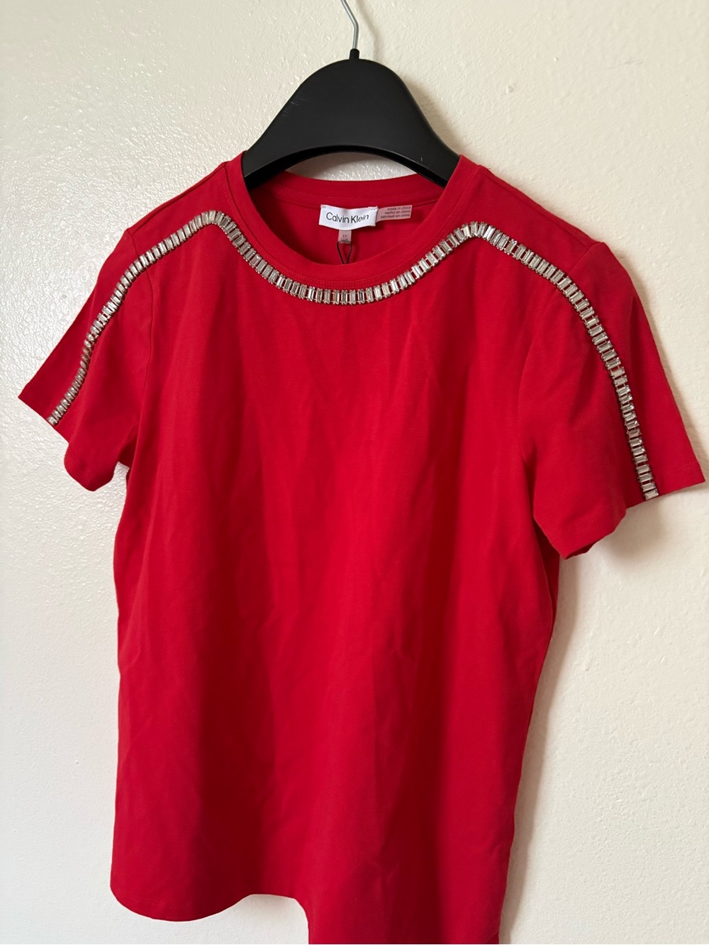 Calvin Klein Red Short Sleeve Tee with Silver Beaded Trim